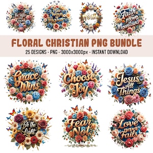 Pacchetto di citazioni sulla fede cristiana in formato PNG e Clipart, 25 versetti biblici floreali in formato PNG, Clipart di citazioni sulla fede, Design di pacchetti di versetti biblici floreali,