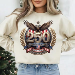 USA 250th Anniversary patriotic eagle emblem with stars, stripes, and 1776–2026 text, high-resolution PNG on transparent background for sublimation and crafts