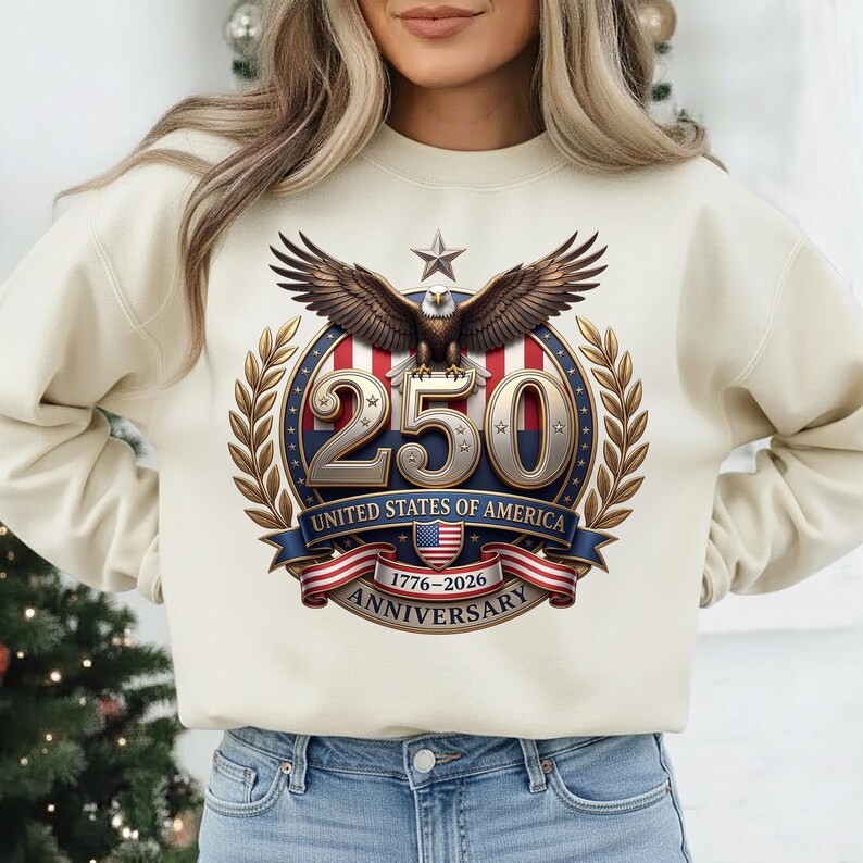 USA 250th Anniversary patriotic eagle emblem with stars, stripes, and 1776–2026 text, high-resolution PNG on transparent background for sublimation and crafts