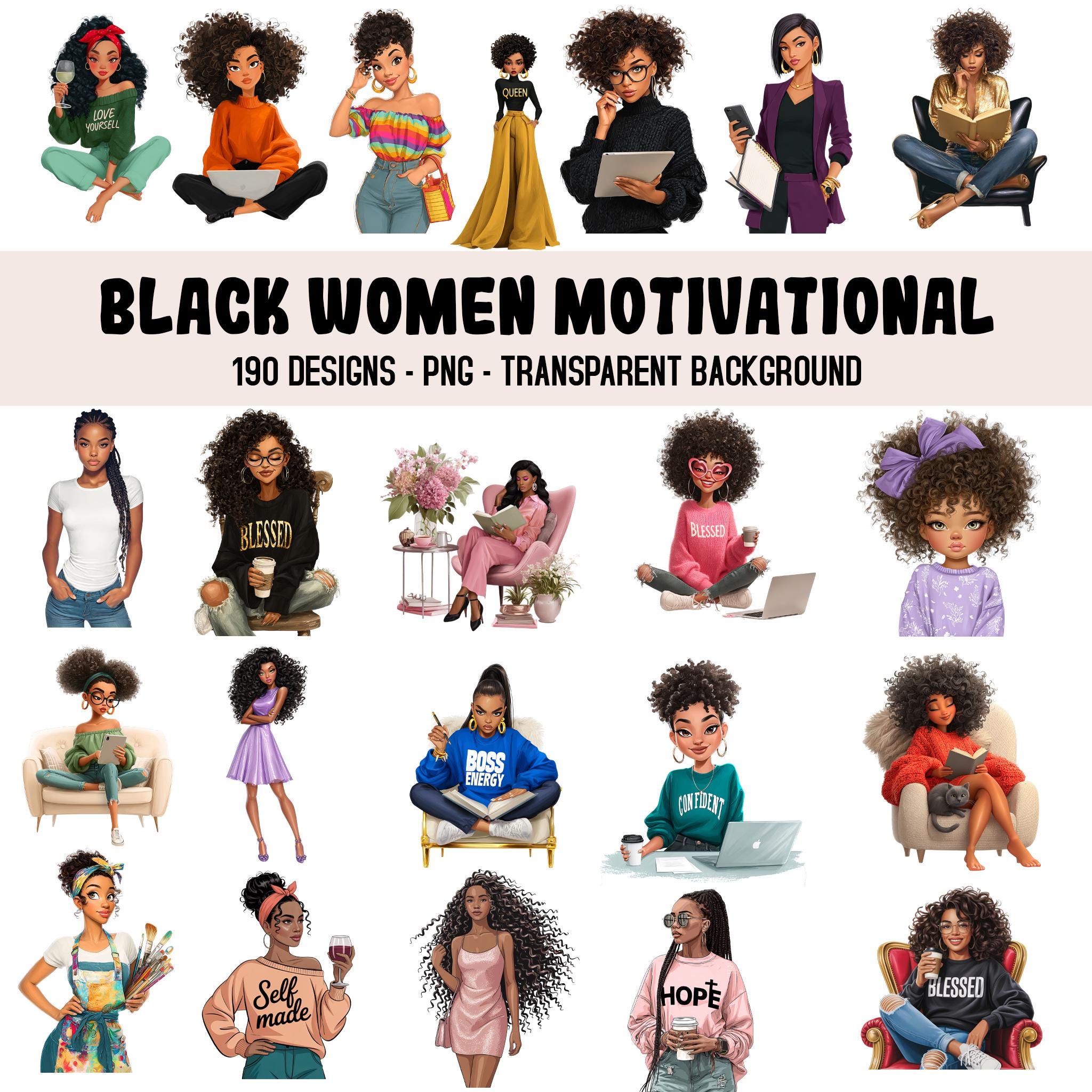 Black Woman Clipart, Black Girl Clipart Bundle, Motivational Quotes PNG ...