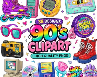 90s Clipart Bundle PNG, Retro 90s PNG Bundle, Y2K Nostalgia Clipart, Hand Drawn 90s Icons, Digital Download