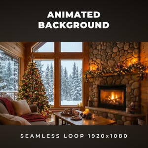 May include: An animated background image of a cozy living room with a Christmas tree, fireplace, and a snowy outdoor view. The text "ANIMATED BACKGROUND" and "SEAMLESS LOOP 1920x1080" are displayed.