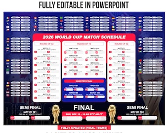 World Cup 2026 Schedule Wall Chart Printable and fully editable Template, Soccer Fixtures Chart, World Cup 2026 Result Chart,