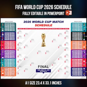 Modello stampabile e completamente modificabile del calendario della Coppa del Mondo 2026, grafico delle partite di calcio, grafico dei risultati della Coppa del Mondo 2026,