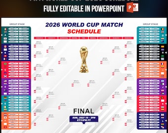 World Cup 2026 Schedule Wall Chart Printable and fully editable Template, Soccer Fixtures Chart, World Cup 2026 Result Chart,