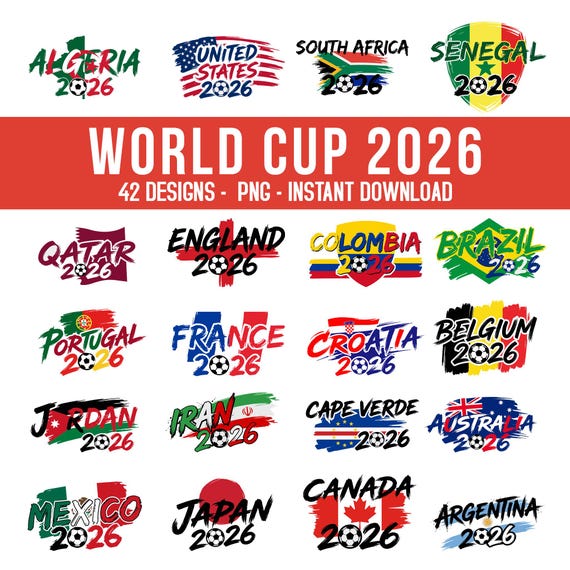 World Cup 2026 Countries PNG Bundle, International Soccer Country Designs, 44 Football Nations Clipart, USA Canada Mexico