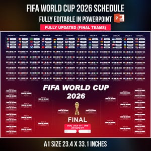 Peut inclure: Une affiche du calendrier de la Coupe du Monde de la FIFA 2026, entièrement modifiable dans PowerPoint. L'affiche présente les drapeaux des équipes, les calendriers des matchs et le trophée de la Coupe du Monde de la FIFA. L'affiche est au format A1, mesurant 59,4 x 84,1 cm.