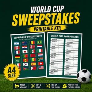 Könnte beinhalten: Ein druckbares World Cup Gewinnspiel-Set bestehend aus zwei A4-Blättern mit Nationalflaggen und einer Liste von Ländernamen für Teams. Das Design enthält einen Fußball sowie Text zum Ausdrucken, Ausschneiden und Falten der einzelnen Teamkarten.