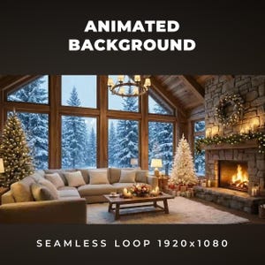 May include: An animated background image of a cozy cabin interior with a Christmas theme. The scene features a fireplace, Christmas trees, a sofa, and large windows overlooking a snowy forest. Text at the top reads "ANIMATED BACKGROUND" and at the bottom "SEAMLESS LOOP 1920x1080".