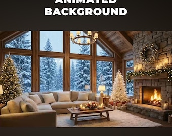 Fundo animado de Natal com neve, cenário digital festivo, cenário digital aconchegante de inverno para escritório em casa, papel de parede virtual para reuniões de equipe.