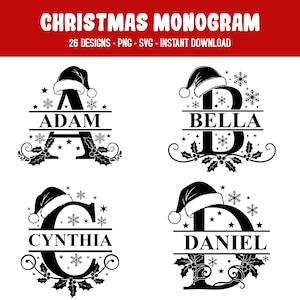 Könnte beinhalten: Schwarz-weiße Weihnachtsmonogramm-Designs mit den Buchstaben A, B, C und D, jeweils mit Weihnachtsmütze, Schneeflocken und Namen verziert. Der Text oben lautet "CHRISTMAS MONOGRAM" und "26 DESIGNS - PNG - SVG - INSTANT DOWNLOAD."