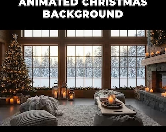 Fundo animado de cabana natalina aconchegante, loop de fundo festivo para Zoom, cena virtual animada e festiva para trabalho remoto e reuniões.