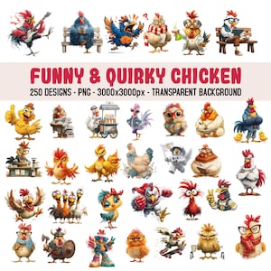 May include: A collection of whimsical chicken illustrations in various poses and outfits. The image includes chickens playing guitar, wearing glasses, and dressed in costumes. Text reads "FUNNY & QUIRKY CHICKEN" with design details.