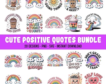 Leuke positieve citaten png-sublimatiebundel, regenboog png, kawaii stickerkunst, inspirerende citaten png motiverende stickers, geestelijke gezondheid.
