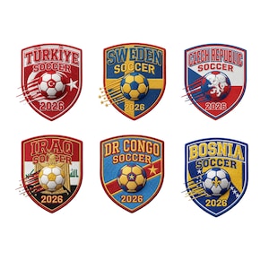 May include: Embroidered soccer patches featuring the flags of Turkey, Sweden, Czech Republic, Iraq, DR Congo, and Bosnia. Each patch has a soccer ball and the year 2026. The patches are shield-shaped with various color schemes.