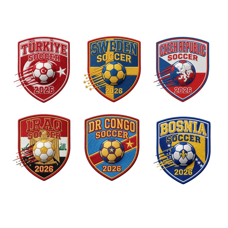 May include: Embroidered soccer patches featuring the flags of Turkey, Sweden, Czech Republic, Iraq, DR Congo, and Bosnia. Each patch has a soccer ball and the year 2026. The patches are shield-shaped with various color schemes.
