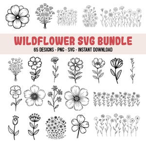 Bundle Svg fleurs sauvages, floral svg, Silhouette de fleurs sauvages, bouquet de fleurs minimaliste, clipart fleurs sauvages, fleurs botaniques Svg Bundle