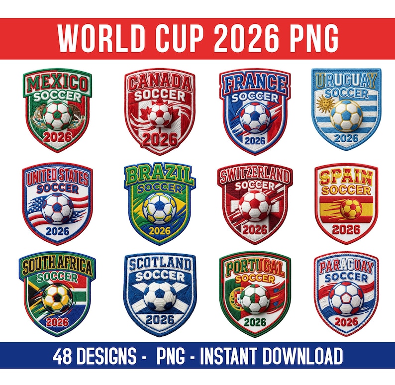 World Cup 2026 National Teams PNG Bundle, International Soccer Country Designs, Football Nations Faux Yarn art Design, USA Canada Mexico.