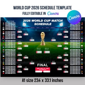 World Cup 2026 Schedule Wall Chart Printable and fully editable Canva Template, Soccer Fixtures Chart, World Cup 2026 Result Chart,