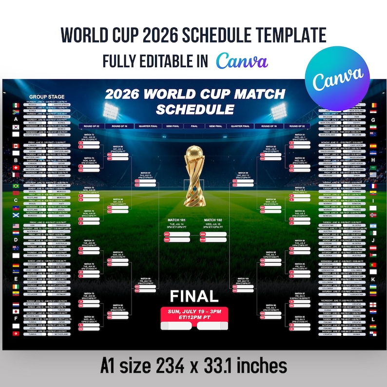 World Cup 2026 Schedule Wall Chart Printable and fully editable Canva Template, Soccer Fixtures Chart, World Cup 2026 Result Chart,