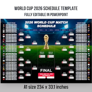 May include: A World Cup 2026 schedule template, fully editable in PowerPoint. The design features a detailed match schedule with a golden trophy in the center. The poster is A1 size, measuring 234 x 33.1 inches, and includes the text "FINAL" and the date.