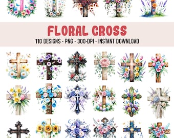 Puede incluir: Una colección de cruces de acuarela adornadas con arreglos florales. Las cruces presentan varios colores y diseños, incluyendo rosa, azul y marrón, con el texto "FLORAL CROSS" y "110 DESIGNS - PNG - 300-DPI - INSTANT DOWNLOAD".