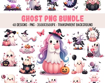 Cute Halloween Ghost Clipart Bundle, Spooky Pumpkins, Witch Hat Ghosts, Girly Halloween Png, Fall Decor Autumn Printables, Digital Download