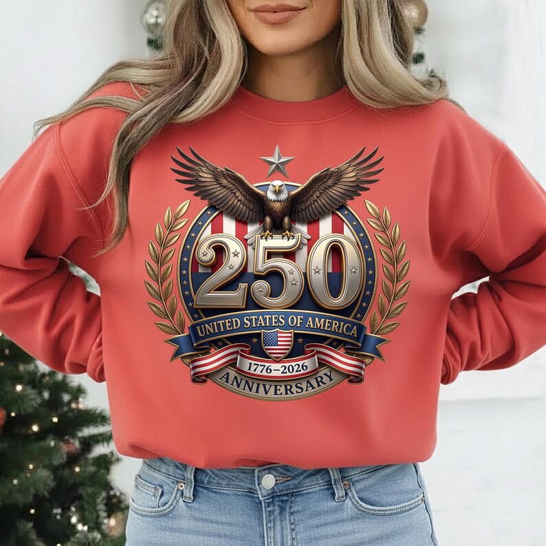 USA 250th Anniversary patriotic eagle emblem with stars, stripes, and 1776–2026 text, high-resolution PNG on transparent background for sublimation and crafts