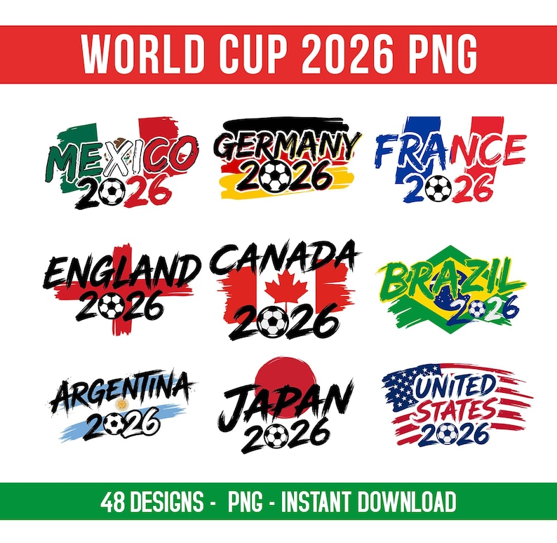 World Cup 2026 countries PNG bundle featuring 44 international soccer nation designs in high resolution with transparent background for shirts, stickers, and sublimation