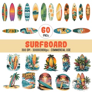 Surfboard Clipart Bundle, Tropical Surfboard Illustrations, Beach, Wave, Hawaii, Digital download