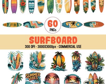 May include: A set of 60 colorful surfboard illustrations in various styles, including tropical, sunset, and wave designs. The illustrations are perfect for creating digital or printed designs for t-shirts, posters, stickers, and more.