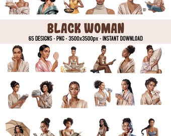 Elegant svart kvinna clipart-paket – 65 PNG-bilder, estetiska illustrationer av afroflickor, neutral modekonst med svarta kvinnor, transparenta PNG-bilder i 300 DPI