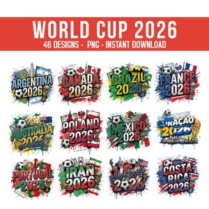 Peut inclure: Graphique "COUPE DU MONDE 2026" avec 46 modèles. L'image présente des designs pour l'Argentine, le Canada, le Brésil, la France, l'Australie, la Pologne, le Mexique, Curaçao, le Portugal, l'Iran, les États-Unis et le Costa Rica.