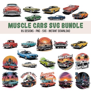 Watercolor Muscle Car PNG Bundle, Classic Cars Clipart Set, Retro Auto Art, Vintage Car Graphics for Shirts, Sublimation, Digital Download