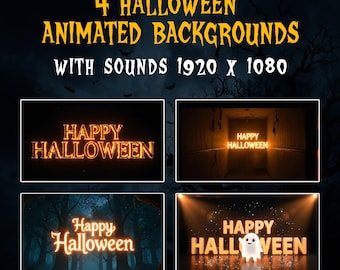 Puede incluir: Imagen de cuatro fondos animados de Halloween con sonido. Cada fondo muestra el texto "Happy Halloween" en naranja. Las escenas incluyen un bosque, un pasillo y un fantasma. Resolución 1920 x 1080.