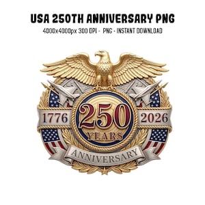 Pode incluir: Um emblema dourado comemorando o 250º aniversário dos EUA. O design apresenta uma águia, bandeiras e os anos 1776 e 2026. O texto "250 YEARS ANNIVERSARY" também está incluído.