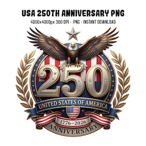 USA 250th Anniversary patriotic eagle emblem with stars, stripes, and 1776–2026 text, high-resolution PNG on transparent background for sublimation and crafts