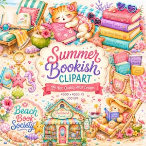 Puede incluir: Un conjunto de ilustraciones digitales que muestra a un gatito y un oso leyendo en sillas de playa, pilas de libros titulados Golden Afternoons, Summer Escape, Sea Breeze Stories y Weekend Chapters, una tienda de playa y dijes de conchas con el texto Summer Bookish CLIPART.