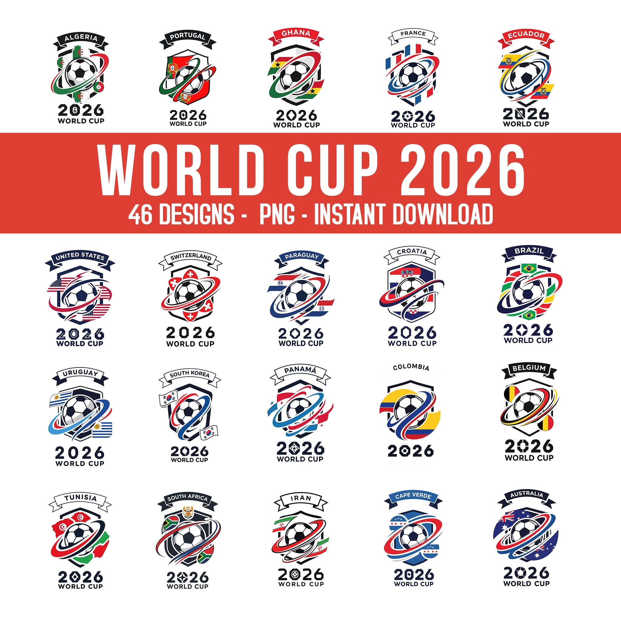 ワールドカップ2026出場国PNGバンドル、国際サッカー国デザイン、48の