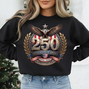 USA 250th Anniversary patriotic eagle emblem with stars, stripes, and 1776–2026 text, high-resolution PNG on transparent background for sublimation and crafts