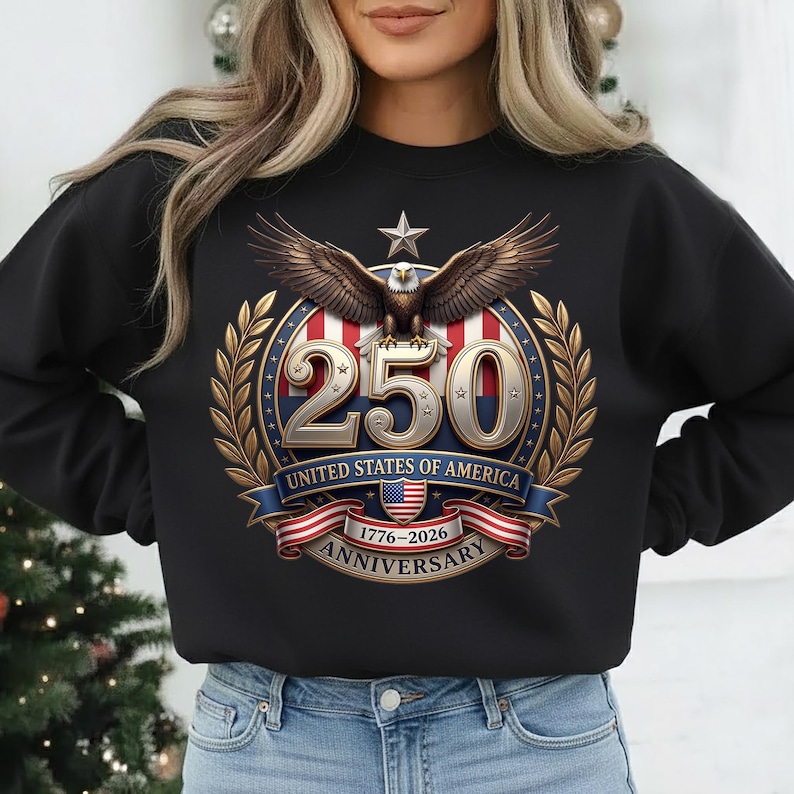 USA 250th Anniversary patriotic eagle emblem with stars, stripes, and 1776–2026 text, high-resolution PNG on transparent background for sublimation and crafts