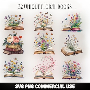 Watercolor Wildflower Book Clipart png Bundle, Reading Clip Art, Books Floral, Rose book png, Book Lover Clipart, Boho Book Clipart,