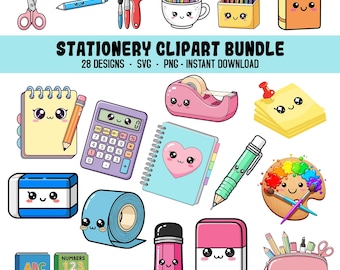 Stationery Clipart Bundle, Cute School Supplies PNG Pack, Kawaii Office SVG Designs