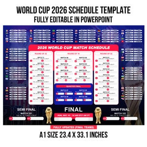 Puede incluir: Una plantilla de calendario de la Copa del Mundo 2026, totalmente editable en PowerPoint. El gráfico de tamaño A1 mide 59,4 x 84,1 cm e incluye horarios de partidos, cuartos de final, semifinales y la final. El gráfico tiene un fondo azul oscuro.