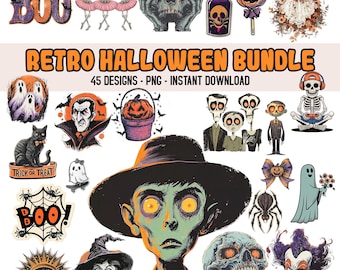 Imágenes prediseñadas de pegatinas vintage de Halloween, PNG lindo de Halloween, recortes precisos, imágenes prediseñadas para álbumes de recortes, diarios, descarga digital,