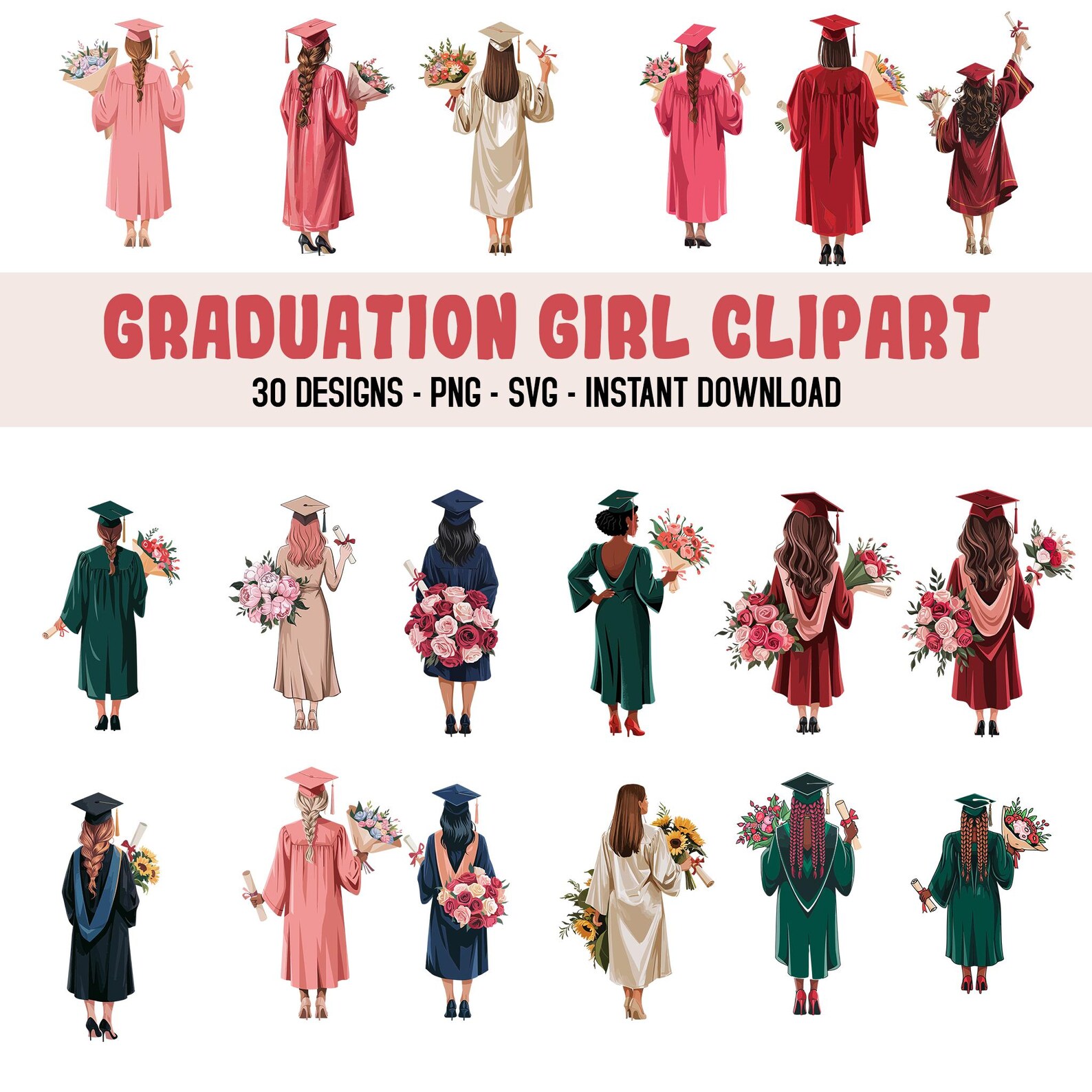 Graduation Girls Clipart Bundle, Black Dress Graduate Png, Student Grad ...