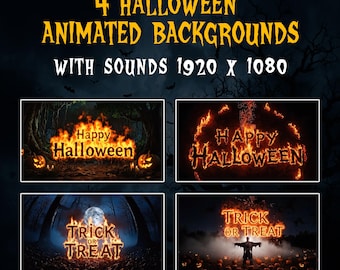 Puede incluir: Imagen promocional de fondos animados con temática de Halloween. La imagen presenta cuatro escenas animadas diferentes con textos "Happy Halloween" y "Trick or Treat" en letras de fuego. Los fondos son oscuros y espeluznantes, con murciélagos y calabazas.