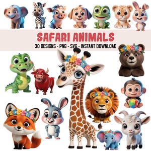 Clipart mignon animaux de safari, png animaux de la jungle, clipart bébé animal, clipart chambre d'enfant, tigre, girafe, zèbre, Lion, singe, éléphant,