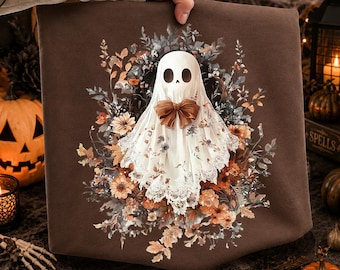 Boho Floral Ghost PNG, Cute Halloween Ghost Clipart, Coquette Ghost with Autumn Flowers, Spooky Season PNG, Vintage Fall Ghost,