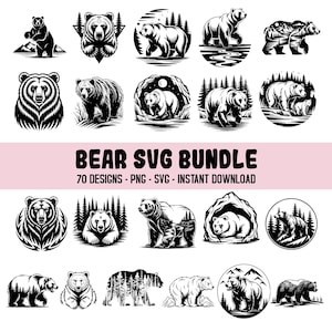 Puede incluir: Una colección de ilustraciones de osos en blanco y negro en varias poses y entornos. Los diseños incluyen osos en bosques, montañas y cuevas. El texto dice "BEAR SVG BUNDLE" con detalles sobre el número de diseños y tipos de archivos.